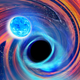 The black hole pulls the blue neutron star in before devouring it.